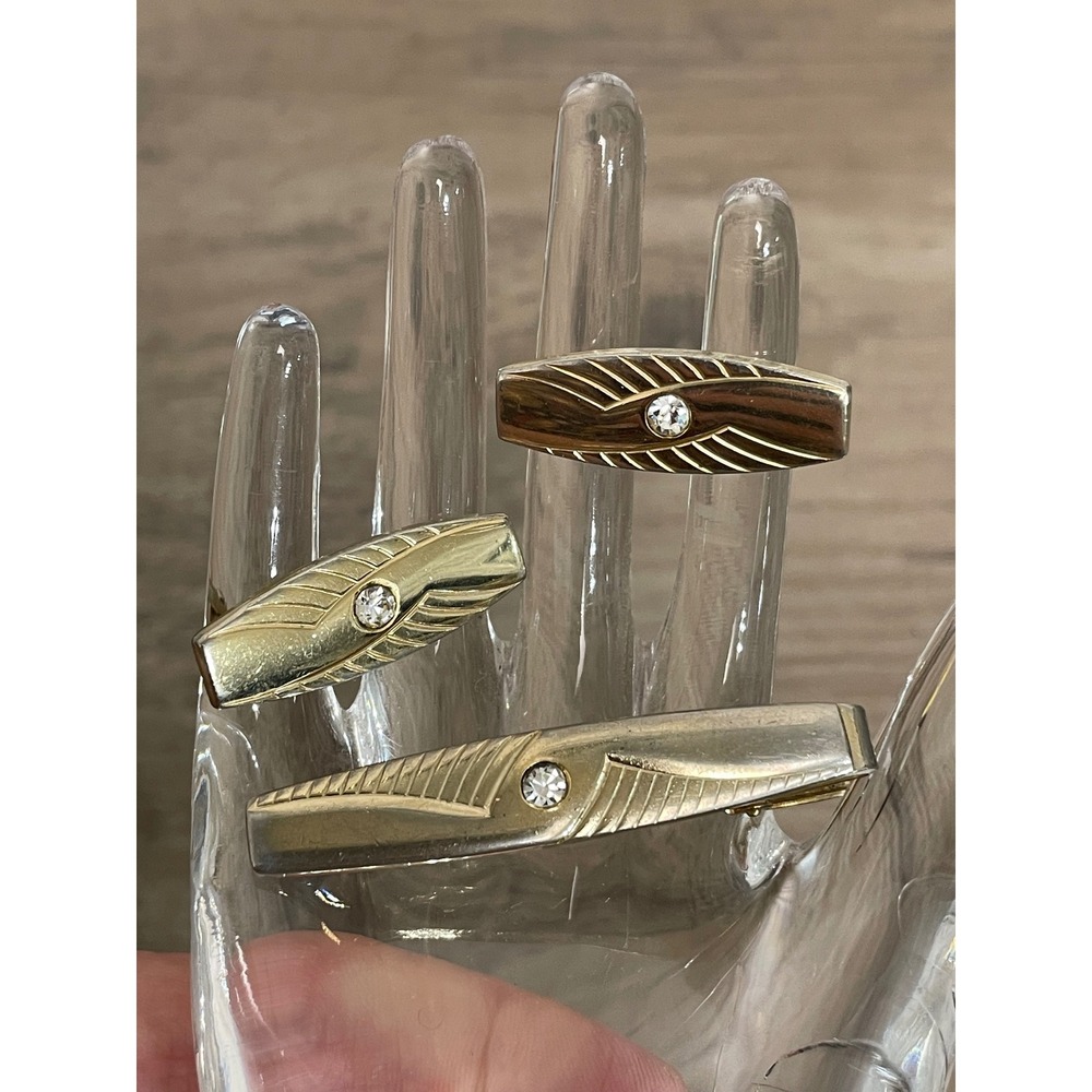 Anson Cufflinks Tie Clip Set Vintage Gold Tone Rhinestone Sunburst Elegant
